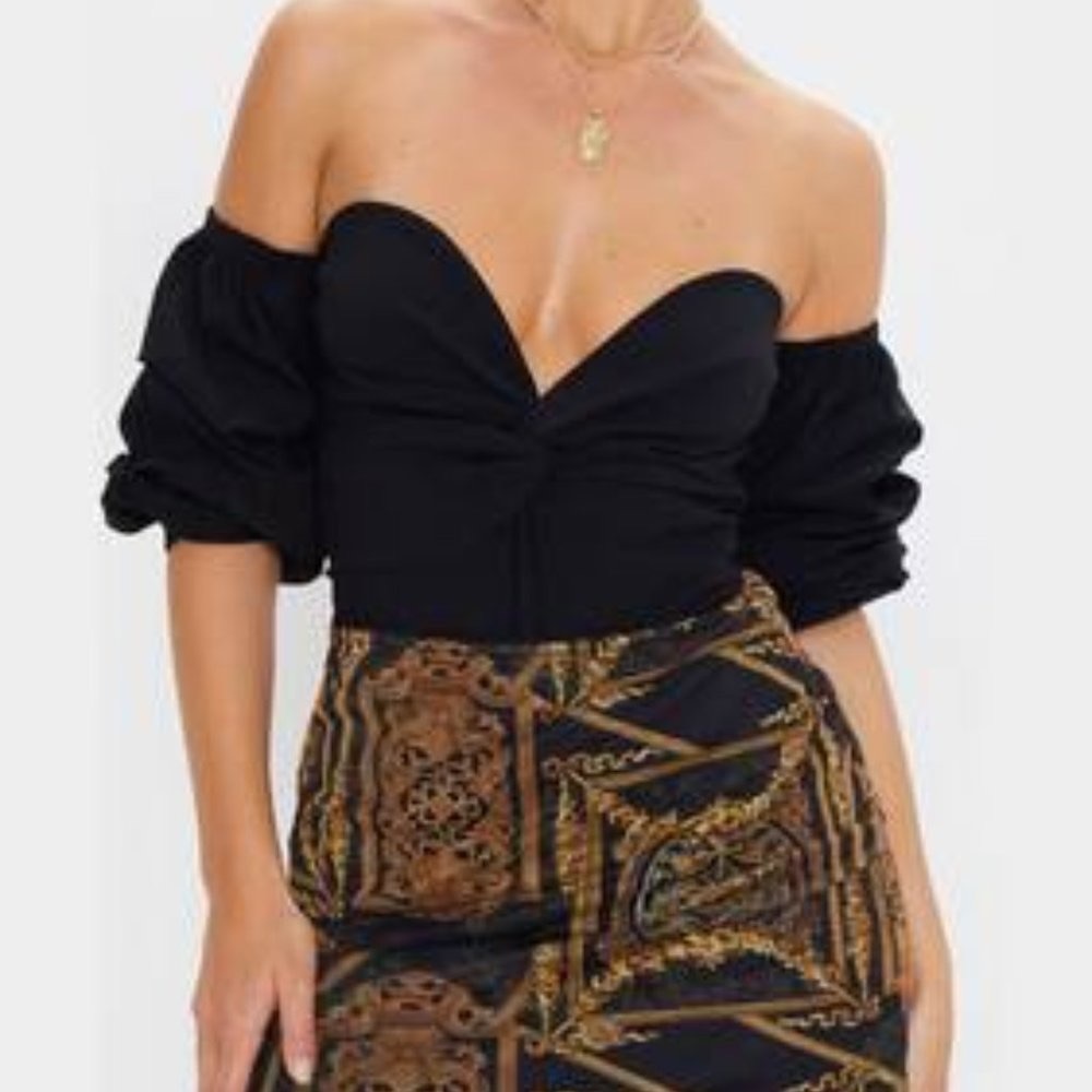 PrettyLittleThing Bardot Ruched Bodysuit with Puff Sleeves